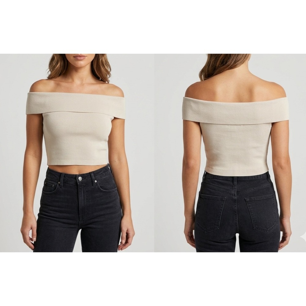 Express Cropped Top Womens S Oatmeal Off-The-Shoulder Fitted Stretch Classic